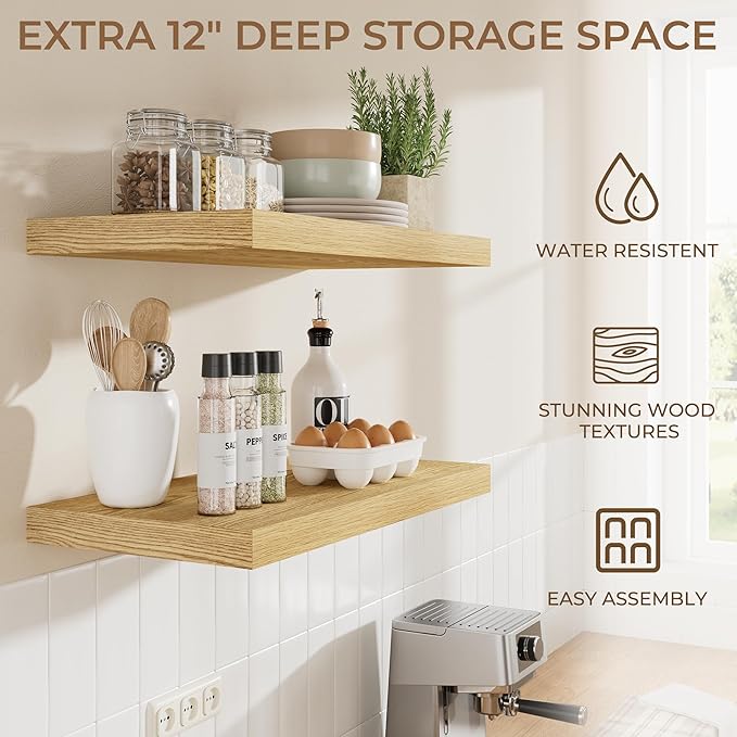 RICHFOCUS Deep Floating Shelves for Wall 2 Pack 12" D 16 Inch Wall Shelves for Room Wall|Wood Hanging Shelf with Invisible Brackets for Bathroom Bedroom Kitchen Laundry Room, Oak
