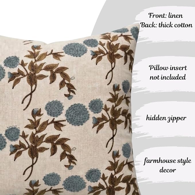 Linen Blue Throw Pillow Covers 20x20 inch Floral Pillows Spring Decorative Pillow Covers for Living Room Bedroom