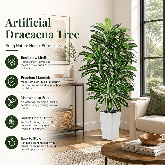 Artificial Dracaena Tree - 6FT Tall Fake Plants with White Tall Planter - Artificial Plants Indoor Floor Plant in Pot - Large Tropical Fake Yucca Potted Tree for Home Office Living Room Decor