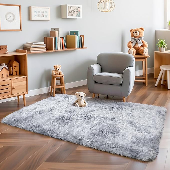 KICHOWUA Thick Area Rug Light Grey Fluffy 4x6 for Bedroom, Soft Shag Comfy Washable Rug for Living Room Dorm Kids Baby Nursery, Plush Shaggy Non-Slip Fuzzy Carpet, Tie Dye Gray