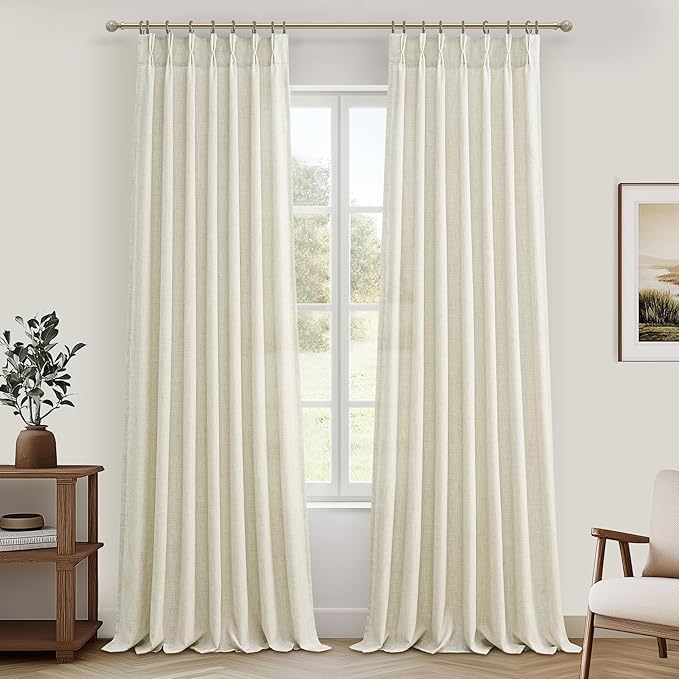 Custom Cream Light Filtering Floor to Ceiling Curtains 100 Inches Long for Room Divider, Memory Trained Pinch Pleated Thick Linen Blend Protect Privacy Curtain Semi Sheer Cottage Core Windows Drapes