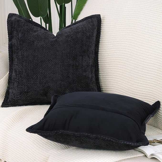 MADIZZ Decorative Chenille Velvet Throw Pillow Covers Set of 2 Soft Boho Textured Neutral Couch Throw Pillow for Bed Modern Farmhouse Home Decor for Sofa Livingroom Black 16x16 Inch