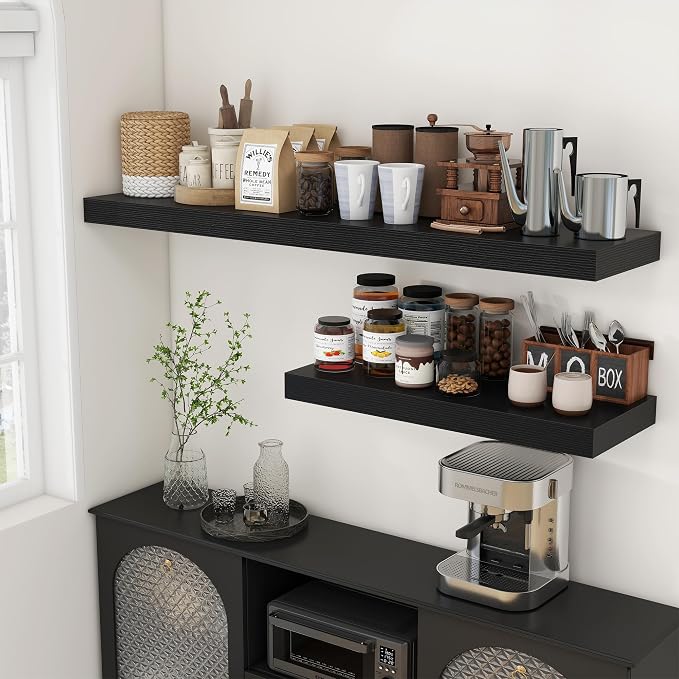 FLYJOE Deep Floating Shelves, 55 Inch Black Shelves Set of 1 | 12 Inch Deep Shelves for Wall, 55'' x 12'' Rustic Black Wood Shelves for Bathroom Living Room Laundry Room Kitchen