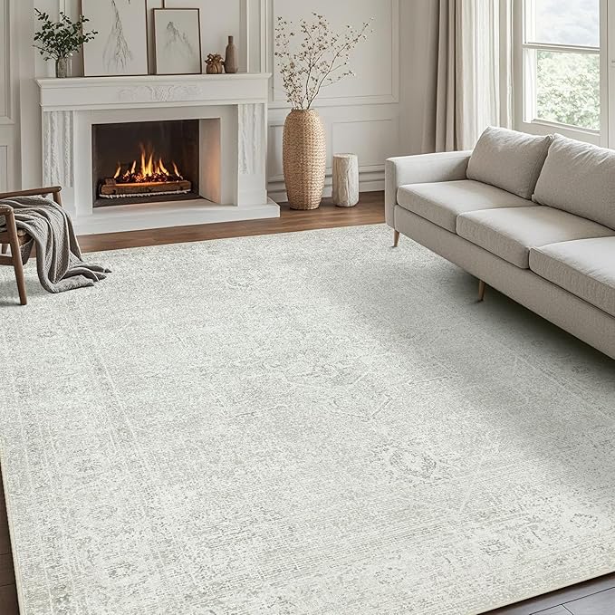 Srugn Washable Rugs 8x10 Area Rugs for Living Room,Bedroom,Dining Room- Large Ultra Soft Faux Wool Retro Carpets,Non Slip&Non-Shedding Low Pile Vintage Carpet for Home Office,Concrete Grey