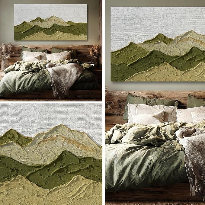 Dolidoteart Green Beige White Landscape Wall Art, Large Wall Art for Living Room, Hand Painted Mountain Oil Painting for Bedroom Office, Horizontal 29x58 Inch