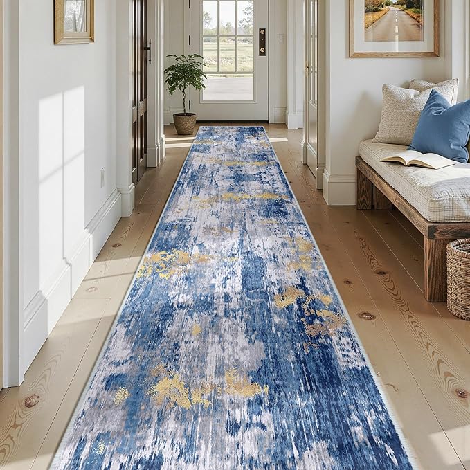 RELEANY Washable Area Rugs 2'6'' x14 Non-Slip Modern Abstract Soft for Living Room Entryway Bedroom Nursery, Print Pattern, Grey Blue Gold/Golden