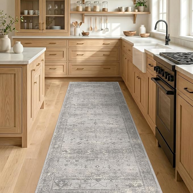 TALANOVA Washable 2'6"x8' Hallway Runner Rug, Non Slip Low Pile Floor Runner for Kitchen, Living Room & Laundry Room, Mineral-Inspired Marble Pattern Neutral Gray Décor