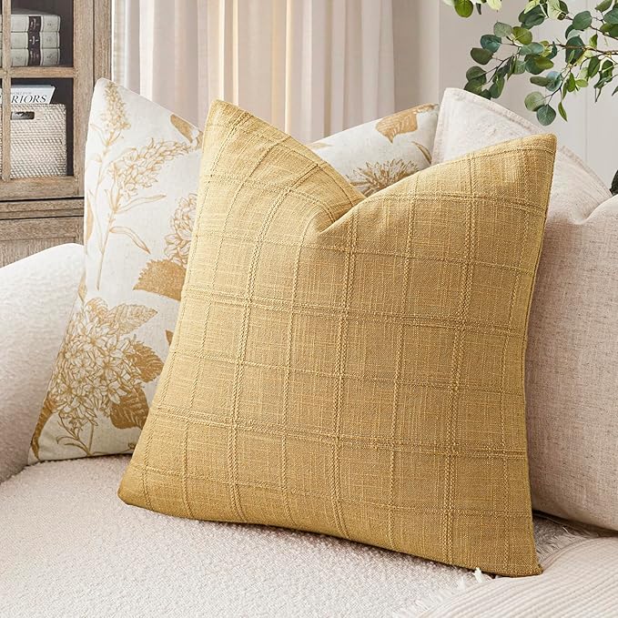 Foindtower Set of 2 Decorative Linen Check Throw Pillow Covers Neutral Farmhouse Vintage Cushion Covers Modern Boho Accent Home Decor for Sofa Chair Couch Bedroom Living Room,20×20 Inch,Amber Gold