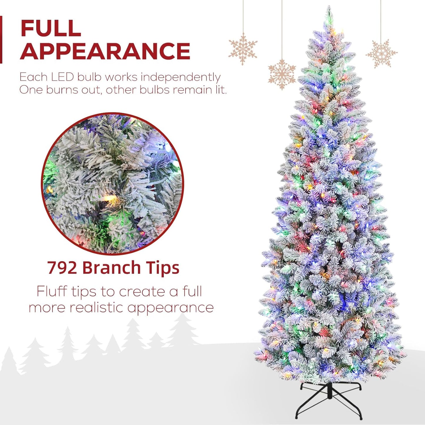 Hykolity 7.5 ft Pencil Prelit Christmas Tree, Artificial Slim Christmas Tree with 300 Multicolor LED Lights, 792 PVC Branch Tips, Metal Stand and Hinged Branches, 10 Modes