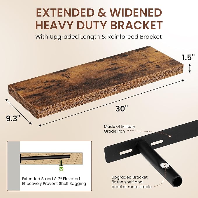 Dreamland 30 Inches Floating Shelves for Wall,9.3" Deep Long Floating Shelves Set of 2,Large Display & Storage Shelf,Wall Shelf for Bathroom Bedroom Living Room Kitchen Office,Rustic Brown