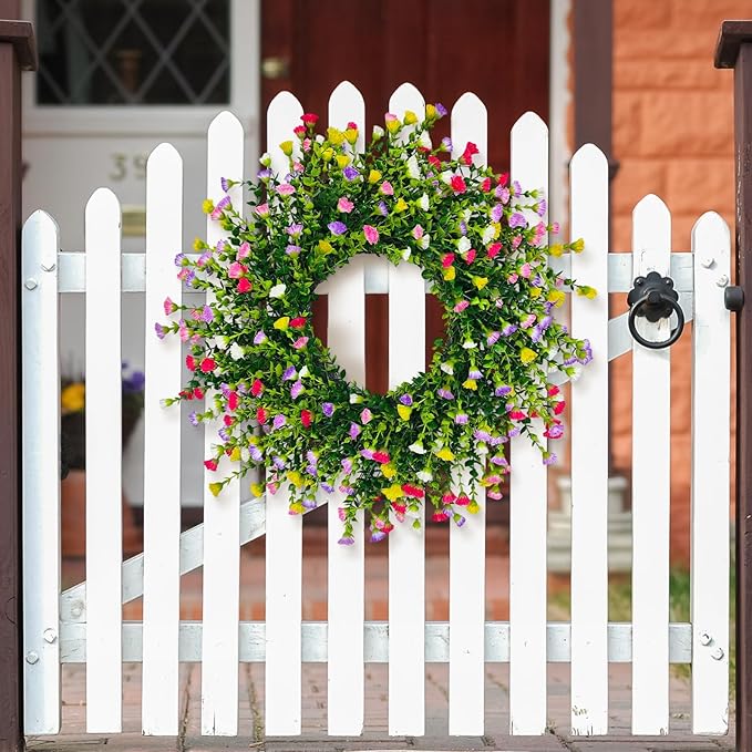 Spring Wreaths for Front Door, 22 Inch Farmhouse Colorful Cottage Wreath, 252 Silk Artificial Carnation Floral with Plastic Greenery Green Leaves Hanging for Porch, Home Summer Decorations