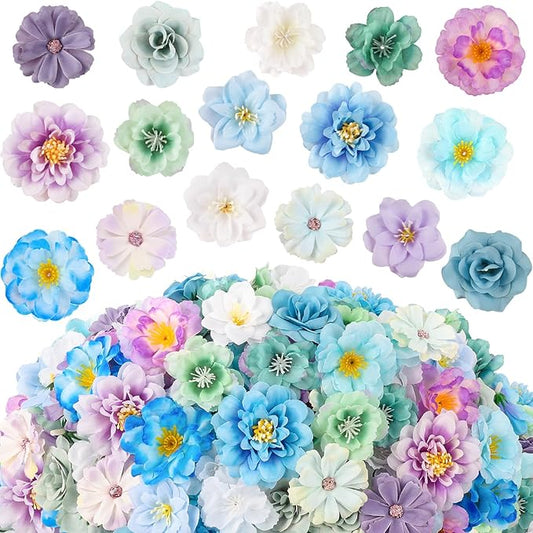 ATTGREAT 210 Pcs Mini Silk Flower Heads Small Fake Rose Daisy Faux Flowers Bulk for Crafts Artificial Loose Fabric Flowers Heads Sunflower Bulk for Wedding Hair Cap Dresses Decorations (Blue)