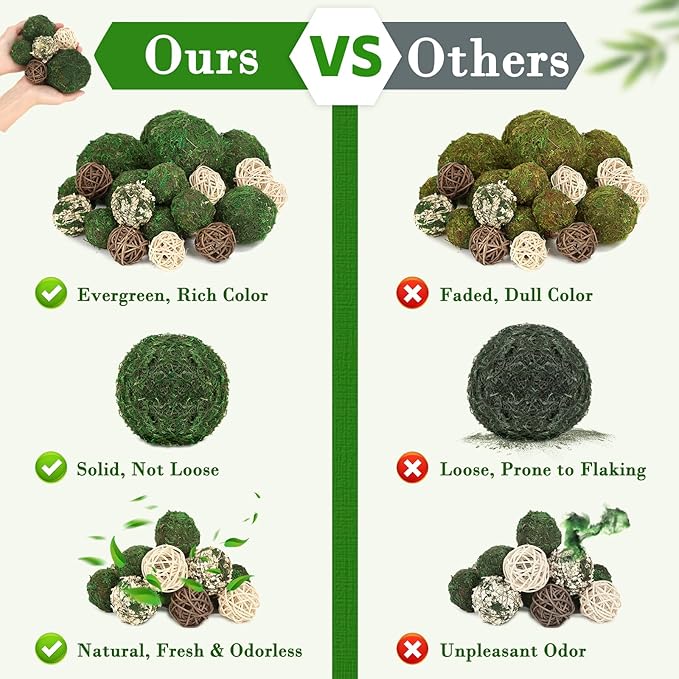 Lezmarket 24 Pcs Decorative Moss Balls for Centerpiece Bowls - Assorted Sizes Fake Moss Balls+Wicker Rattan Balls+Flower Balls, Artificial Greenery Vase Fillers for Home Garden Farmhouse Rustic Decor