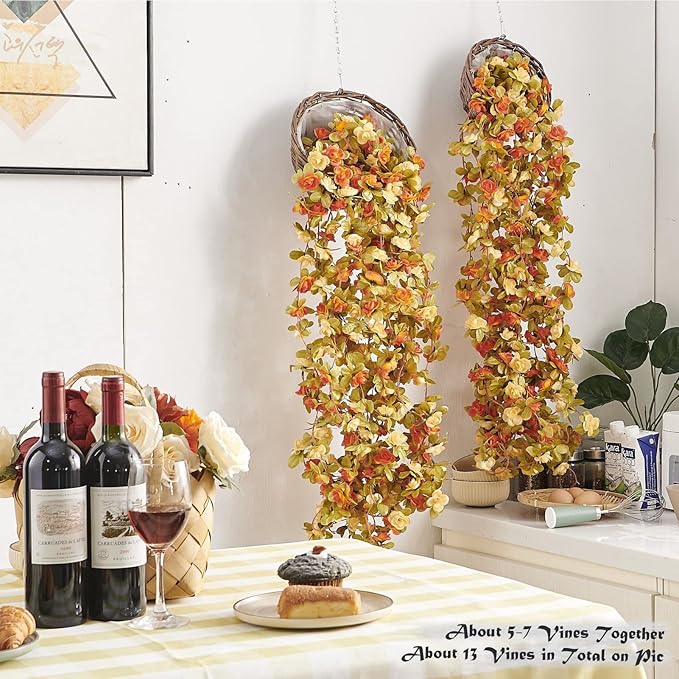 PONKING 6 Pcs x 8.2 ft Flower Garland Artificial Rose Vine Flowers with Green Leaves Hanging Fake Roses Vine for Room Party Home Wedding Birthday Christmas Wall Arch Decor, Fall Champagne Flower