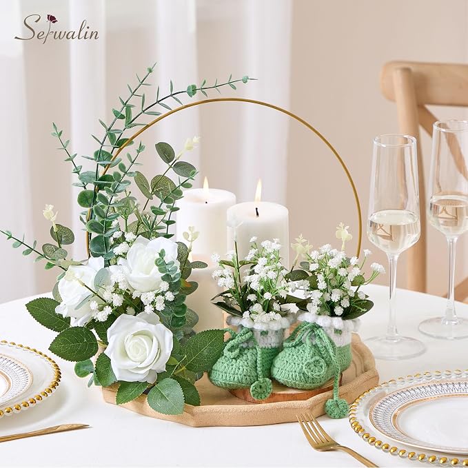Serwalin 30 Pcs Mixed Eucalyptus Greenery Stems, White Silk Roses and Babys Breath Artificial Flowers for DIY Wedding Bouquets Home Party Arrangement Floral Vase Decor
