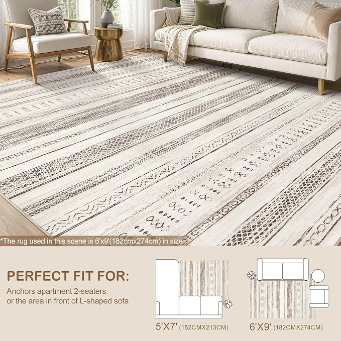 Tortania Area Rug Living Room Rugs - 5x7 Washable Large Soft Neutral Boho Moroccan Bohemian Farmhouse Rug Indoor Floor Carpet for Bedroom Under Dining Table Home Office Decor - Brown Beige