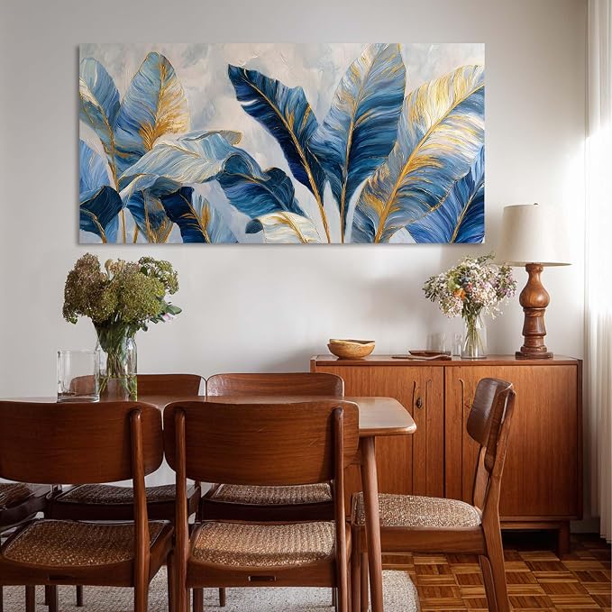 Ggaafet Navy Blue Leaves Wall Art for Living Room Canvas Painting Prints Botanical Boho Abstract Gold Leaf Art Deco Modern Artwork Office Bedroom Family Dining Room Decor Extra Large