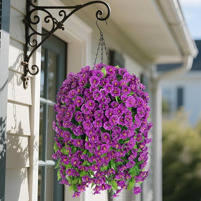 Ammyoo Artificial Faux Hanging Flowers Basket for Spring Summer Outdoor Porch Decor, Fake Silk Colorful Morning Glory Eucalyptus in Planter UV Resistant Look Real for Home Balcony Yard(Darkorchid)
