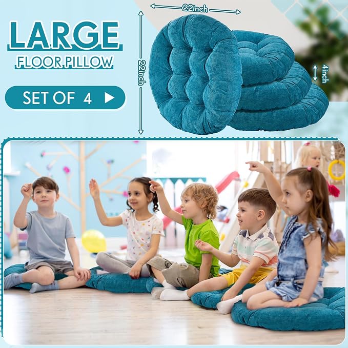 Jerify 4 Pcs Floor Pillow Cushions Large Round Square Large Meditation Floor Pillow for Classroom Adult Meditation Picnic Party Seating Learning Daycare School (Round,Aquamarine)