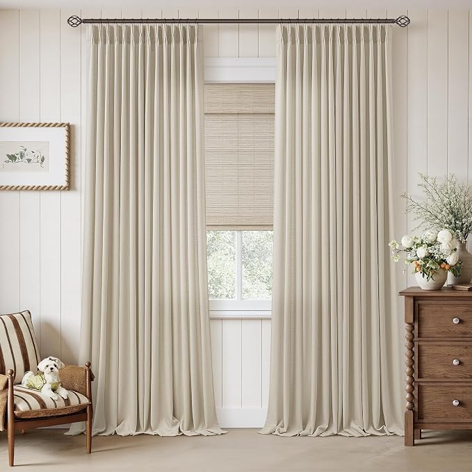 Pinch Pleated Linen Curtains 120 Inch Length Farmhouse Oatmeal Beige Linen Pinch Pleat Curtains for High Living Room Light Filtering Semi Sheer Drapes Floor to Ceiling Extra Long Window Drapes