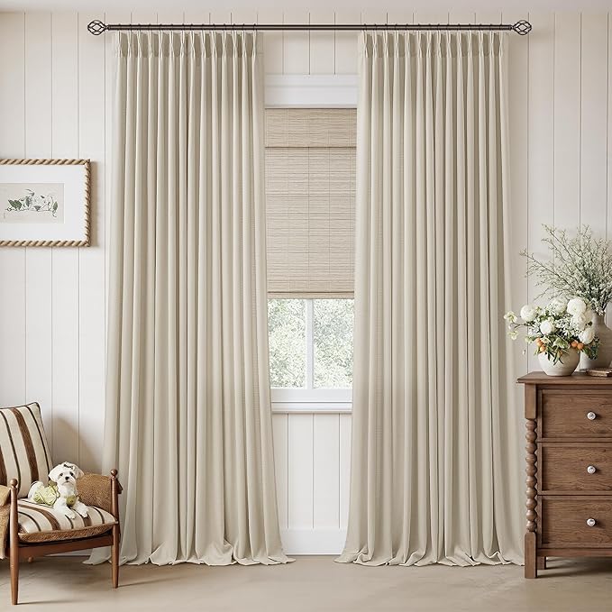 Pleated Linen Beige Curtains 96 Inch Long 2 Panels for Living Room Bedroom Neutral Farmhouse Semi Sheer Back Tab Pinch Pleat Ceiling to Floor Length Drapes Patio Sliding Door Office 8 FT Oatmeal