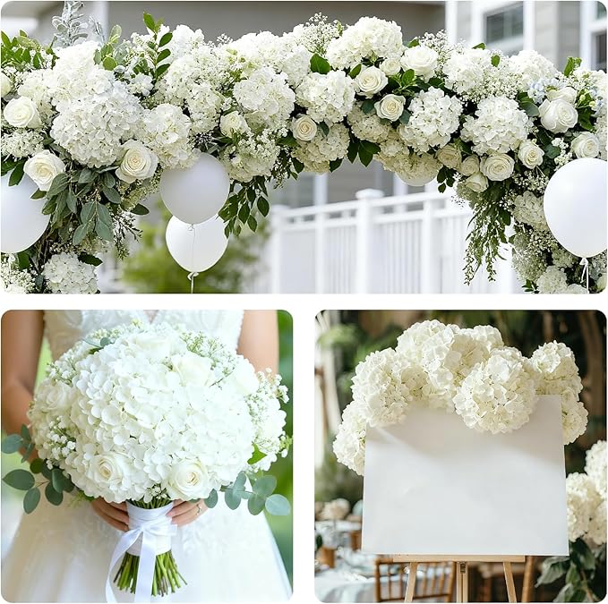 4 Pcs Artificial Hydrangea Silk Flowers with Stems, 19.7" White Faux Hydrangeas Bouquet, 240 Petals, UV Resistant & Waterproof Fake Flower for Outdoor Wedding Home Decor
