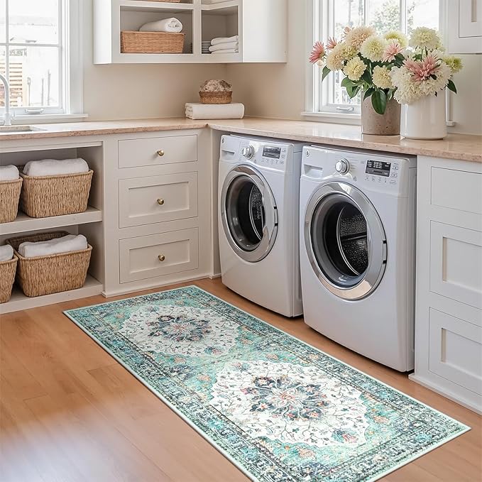 RELEANY Area Rugs 2'x6' Runner Rug Non Slip Washable for Kitchen Hallway Bedroom Beside Laundry Room Bathroom Rug, Floor Carpet, Green Navy Blue White Red Teal Colorful