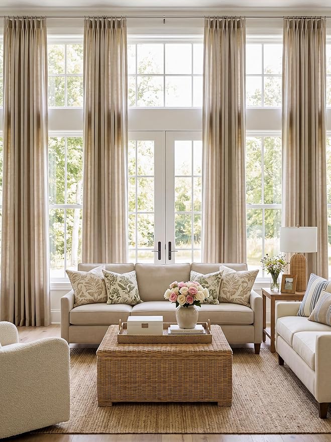 Liz Pinch Pleated Linen Curtains Light Filtering Curtains for Living Room, Farmhouse Window Curtains for Bedroom, Modern Drapes with Hooks and Rings, 72 Inches Long, Burlywood Birch, 2 Panels Set