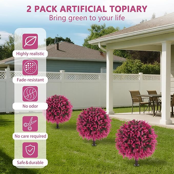 Yangrass Artificial Pink Eucalyptus Topiary Ball Trees with Ground Spike, Set of 2 UV Resistant Artificial Shrubs, Fake Evergreen Artificial Plant Bushes for Indoor Outdoor Front Porch Garden
