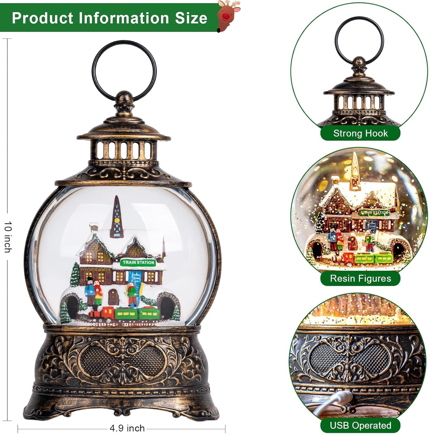 Christmas Snow Globes Christmas Water Lantern with Station Train, Music & 6H Timer, USB Lined/Battery Operated Lighted Lanterns for Xmas Festival Decoration Gifts