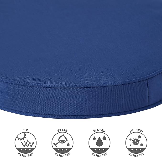 Set of 2 Outdoor 18 inch Round Patio Dining Chair Pads – Comfortable Fiber-Filled Seat Cushions with Ties, Reversible Polyester Fabric, Marine Blue