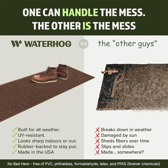 WaterHog Squares Front Door Mat Indoor Outdoor Entrance, Absorbent All-Weather Doormat with Non-Slip Rubber Backing, Dirt & Moisture Trapper, Low Profile, Easy Clean, Made in USA, 22"x60" Dark Brown