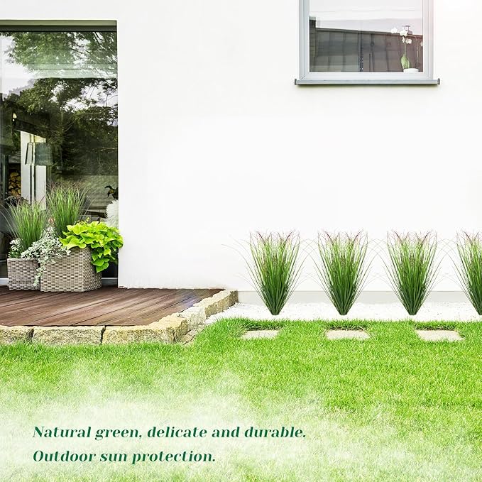 36Pcs Artificial Grass Plants Outdoor Faux Shrubs Wheat Grass Green Onion Grass Artificial Greenery Tall Stems for Indoor Outdoor Office Home Decor（Green Red Tail）