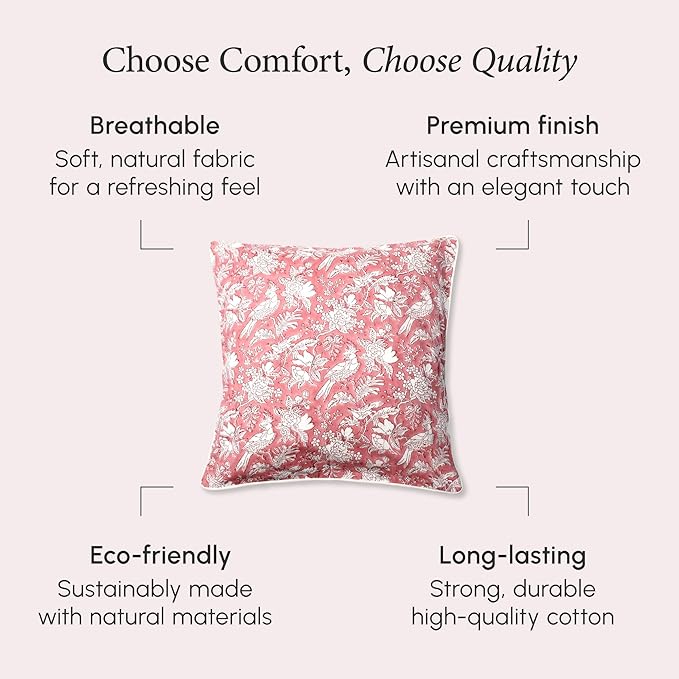 CPC 100% Cotton Throw Pillow Covers 24x24 Inch, Set of 2 Red Block Print Pattern Couch Pillow, Cute Boho Decorative Pillows for Living Room, Bedroom with Hidden Zipper- Coral Pink