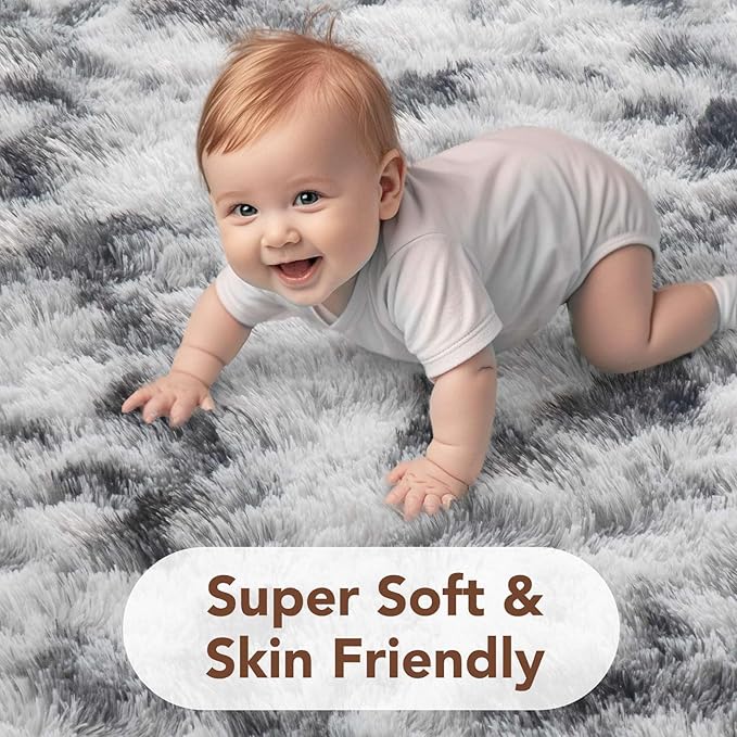 FinRèc 9x12 Rugs for Living Room Bedroom, Black and White Fluffy Shaggy Area Rug, Non-Slip Soft Shag Rug for Nursery Kids Room Dorm Room Home Decor, Indoor Plush Floor Carpet
