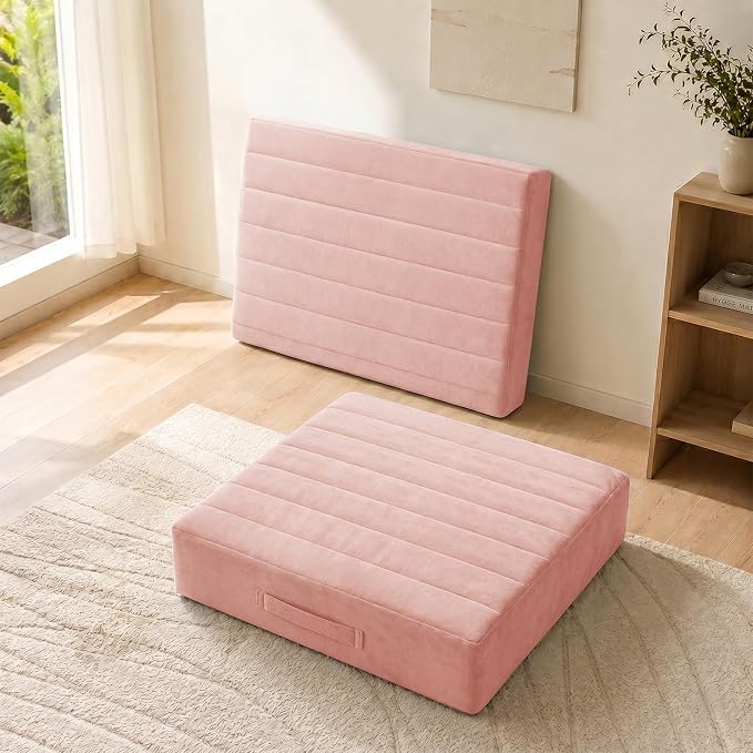 JKMAX 2 Pcs High Density Foam Floor Pillow - Upgraded Large Pillows Seating for Adults - Outdoor Floor Cushion with Soft Tufted Cover - Yoga Pillows for Sitting On Floor - 22 Inch Pink
