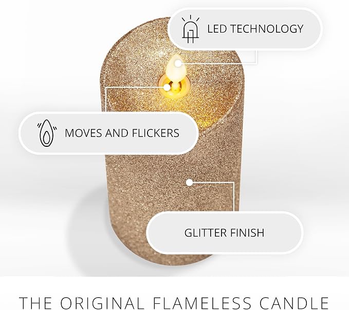 Luminara Realistic Artificial Flame Gold Glitter Pillar Candle - Moving Flame LED Battery Operated Lights - Unscented - Remote Ready - Remote Sold Separately - 3" x 6.5"