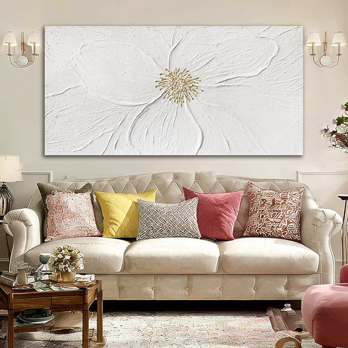 Large Floral Abstract Wall Art, Hand Painted Textured Canvas with Soft Organic Petal Forms, Ivory and Beige Tones with Gold Accents, Oversized Modern Statement Wall Decor, Gallery Wrapped, 29×58 Inch