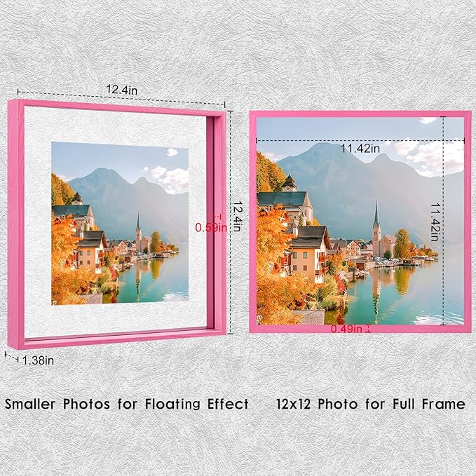 MUYE 12x12 Floating Frame Set of 2,Double Real Glass Square Photo Frame,Display Any Size Photo up to 12x12,Wall Mount or Tabletop Standing,Pink