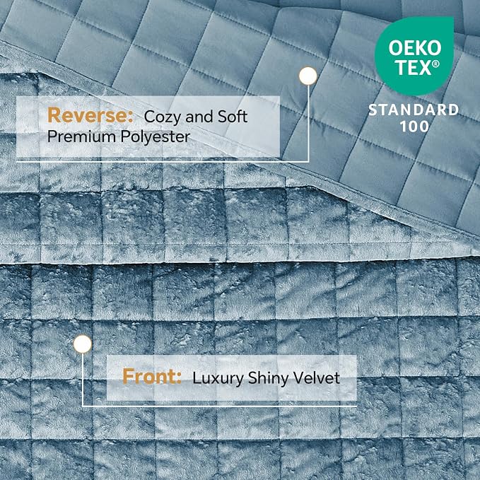 BEDELITE Velvet Quilt Set King Size - Luxury Soft Velvet Comforter Bedding Set for All Season, Lightweight Quilted Box Stitch Oversized Bedspread Coverlet with 2 Matching Shams, Shiny Dusty Blue
