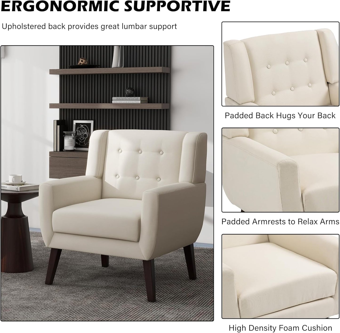 UIXE Accent Chair, Modern Upholstered Armchair in Fabric for Living Room, Comfy Club Arm Chairs Single Sofa Button Tufted Bedroom Reading Seat - White, Set of 1