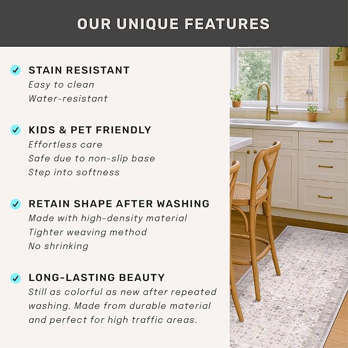 Hazo Haus Boho Light Grey Living Room Rug 6x8 - Modern Vintage Eclectic Floral Paste Neutral Taupe, Washable Low Pile Non-Slip Large Area Rugs for Dining Under Table, Bedroom