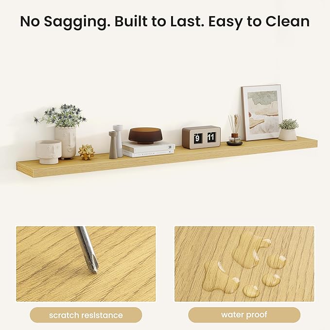 Fun Memories Rustic Wood Floating Shelves for Wall, Space-Saving Wall Mounted Shelves for Bathroom, Bedroom, Living Room and Kitchen, Stylish Storage & Display (Set of 2, Oak, 66 in)