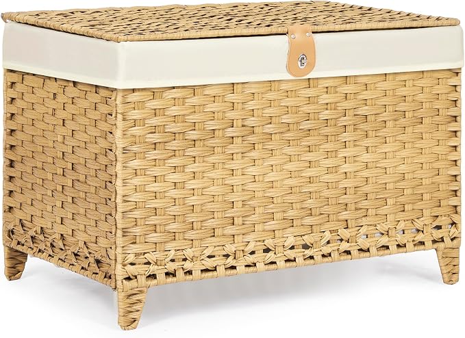 Honjourai Wicker Storage Basket with Lid,Rattan Shelf Basket with Removable Liner Bag,200L Storage Bin,Storage Trunk with Heightened Feet,Storage Container for Wardrobe,Home Organizer