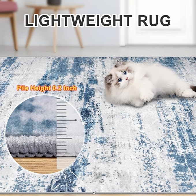 Area Rugs Living Room Rug - 5x7 Washable Modern Abstract Soft Neutral Non-Slip Carpet Large Indoor Floor Thin Carpets for Bedroom Dining Room Farmhouse Nursery Home Office White Blue Grey