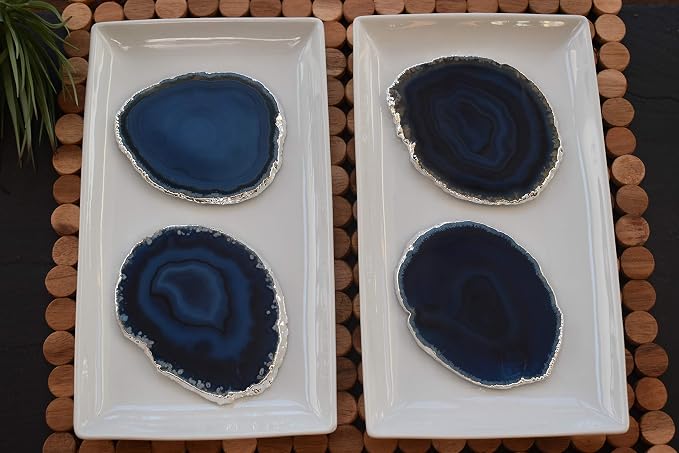 Nature's Decorations Blue Silver Rimmed Agate Stone Coasters - Set of 4, Polished Geode Drink Mats for Dining & Coffee Table & Kitchen Geode Decor Non-Toxic 3.5-4” Diameter