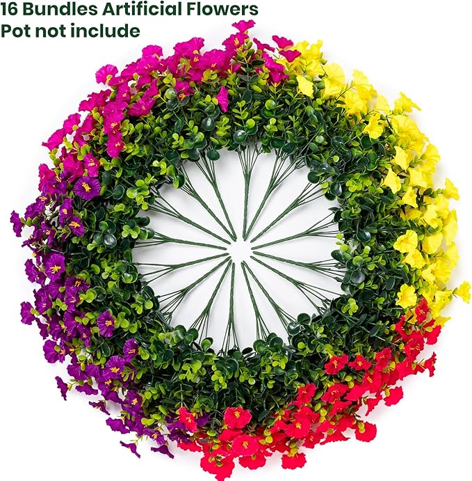 Nigirior Artificial Faux Flowers for Outdoor 16 Bundles Boxwood Fake Morning Glory for Planter,UV Resistant Fake Flowers for Home Porch Patio Outside（4 Color）