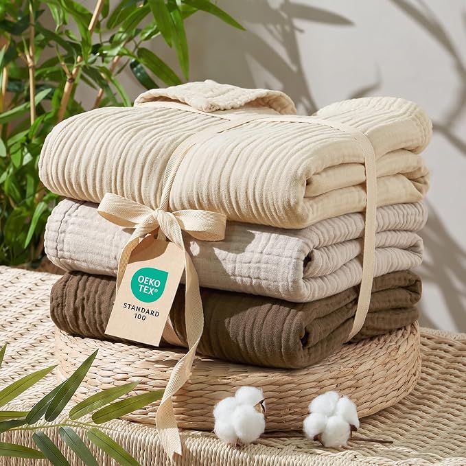 David's Home Soft Cooling Muslin Blanket Twin Size, 60% Rayon 40% Cotton, Breathable Lightweight 4-Layer Gauze Blanket for Hot Sleepers, All Season Bed Blanket, 66"x90", Light Tan/Oat Milk
