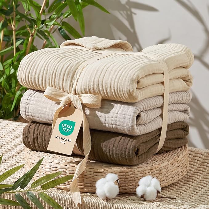 David's Home Soft Muslin Blanket Twin Size for Adults, 60% Rayon 40% Cotton, Breathable Lightweight Cooling Blanket for Hot Sleepers, 4-Layer Cozy Gauze for Bed, 66"x90", Natural/Birch