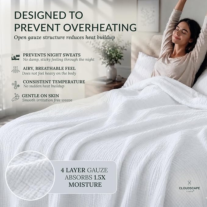 CLOUDSCAPE 4 Layer Muslin Blanket for Adults - 100% Cotton Blanket Queen Size Bedding, 92"x92" Fits Upto Full Size Bed, All-Season Lightweight Gauze Soft, Breathable Layering Summer Blankets - White